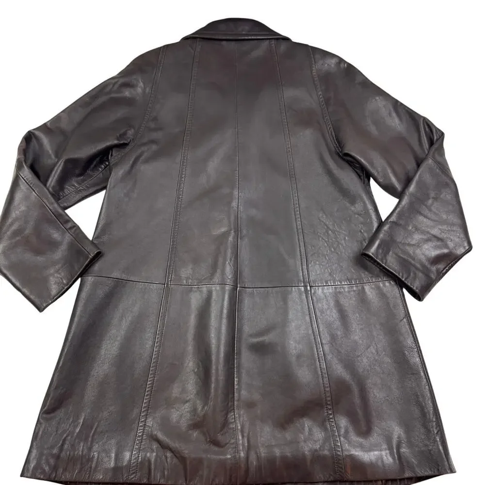 Tibor Leathers Vintage Long Line Dark Brown Zip Front Leather Coat Women's M